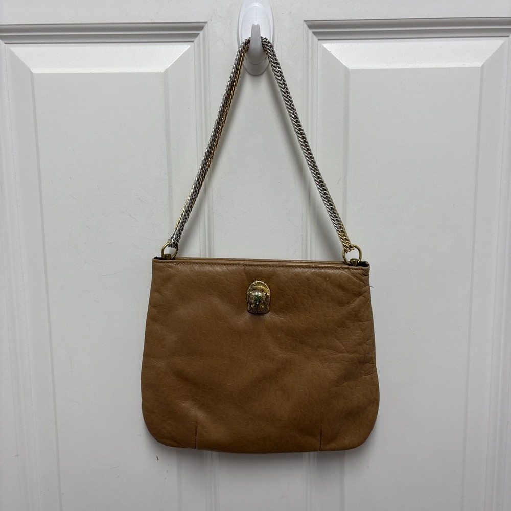 Vintage Ruth Saltz Purse Handbag Cougar Head Brown Leather Double Chain Strap